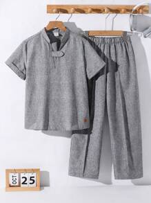 2pcs Tween Boy Casual Loose Short Sleeve Shirt And Long Pants Set, Suitable For Commuting, School, Daily Casual Outings, Sports, Spring & Summer