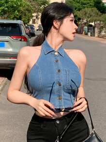 DAZY Women's Summer Halter Neck Open Front Sleeveless Casual Denim Shirt, Sexy & Minimalist - Medium Wash - View 6