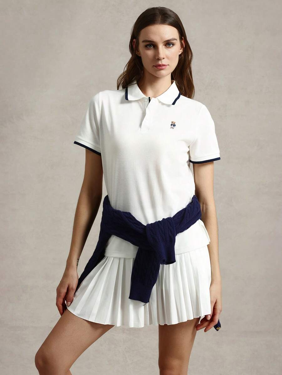 Briarwyn Women's Casual Contrast Trim Knit Short Sleeve Fitted T-Shirt, Summer Graduation Classy Top - White - View 1
