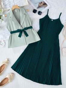 SHEIN Tween Girls Elegant Solid Color Pleated Camisole Dress Two Pieces Set - Dark Green - View 1