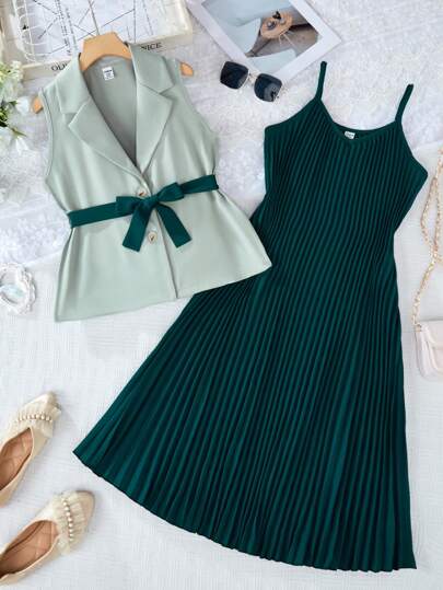 SHEIN Tween Girls Elegant Solid Color Pleated Camisole Dress Two Pieces Set