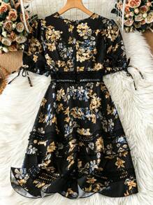 SHEIN Clasi Women Floral Print Contrast Lace Trim Dress - Mustard Yellow - View 2