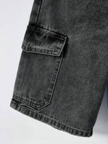 SHEIN Explorewe Bộ đồ denim bạc màu phong cách đường phố retro dành cho bé trai (2 món), thoải mái và đa năng, hàng mới năm 2025, phù hợp mặc hàng ngày. - màu đen - Xem 6