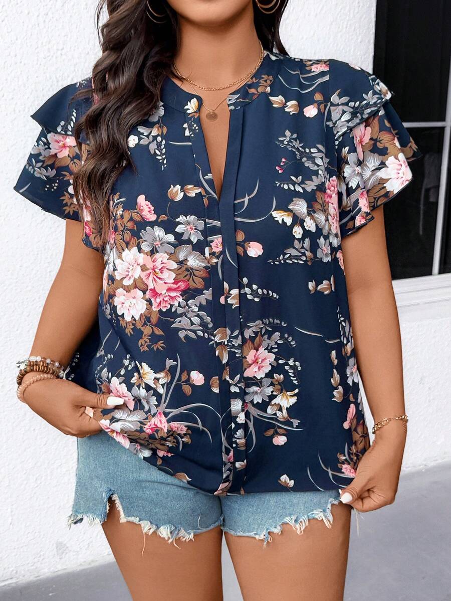 SHEIN Áo sơ mi ngày lễ thường ngày họa tiết hoa cỡ lớn - Màu xanh hải quân - Xem 1