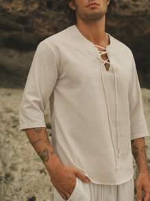 HIMLAND Loose Fit Men's Lace-Up Front Drop Shoulder High-Low Hem Top, Fall, Old Money, Couple Things - Beige - View 6