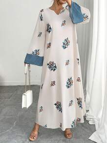 Al Najma Plus Size Women Arabic Print Long Sleeve Dress, Modest - Multicolor - View 3