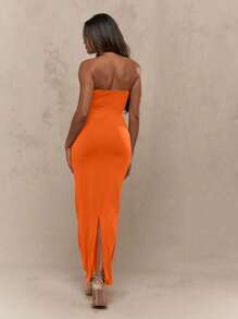 MISSGUIDED Strapless Bodycon Midaxi Dress Evening Party Form-Fitting Sleeveless Bandeau Stretch Long Fitted Elegant Formal Special Occasion Wedding Guest - Burnt Orange - View 2