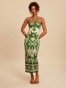 Travachic 度假休闲热带印花紧身露背吊带连衣裙、女士夏季服装、女士沙滩装、女士西装、女士演唱会服装、波西米亚风、热带度假、女士波西米亚风连衣裙、女士热带连衣裙、女士连衣裙、度假新品女士连衣裙、女士度假服装 - 綠色 - 查看 4