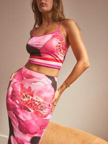 Aralina Floral Print High Waist Slim Fit Bodycon Summer Skirt - Black - View 3
