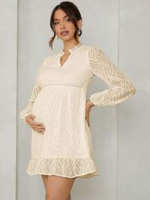 MaterniWear Maternity Loose Puff Sleeve Dress, Suitable For Valentine's Day & Autumn - Apricot - View 3