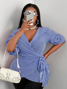 Maweii Plus Size Summer Fashionable Striped Tie-Front Wrap Shirt