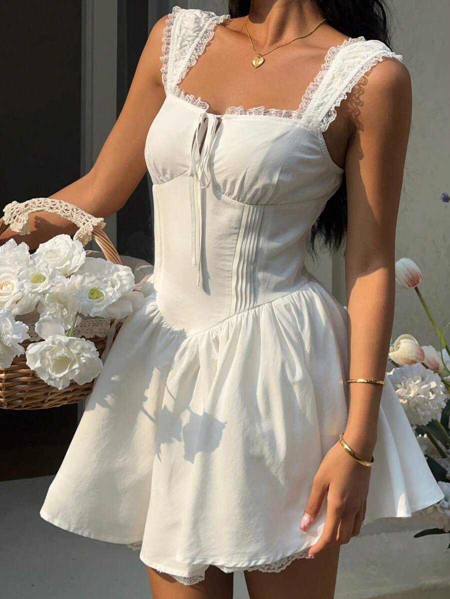 SHEIN EZwear 女士新款白色连衣裙,适合度假穿着,夏季 - 白色 - 查看 1