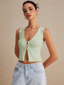 Poéselle 女士夏季休闲纯色前扣针织背心秋冬 - 薄荷綠 - 查看 5