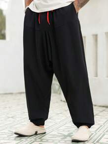 Manfinity Homme Plus Size Men's Casual Solid Color Drawstring Waist Drop-Crotch Pants - Black - View 1