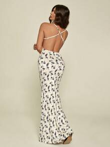 SHEIN Tall Women's Plunging Collar Large Backless Holiday Printed Knitted Long Dress - Beige - View 1
