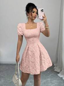 Rafferiza 女士优雅纯色提花泡泡袖方领连衣裙 - 粉色 - 查看 3