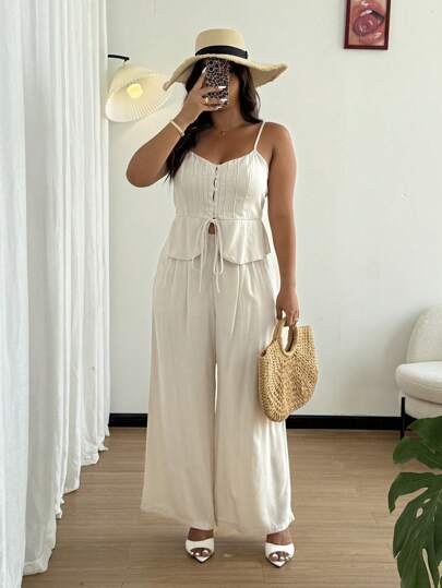 SHEIN Clasi 2pcs Casual Minimalist Summer Linen Women Camisole Top And Pants Set