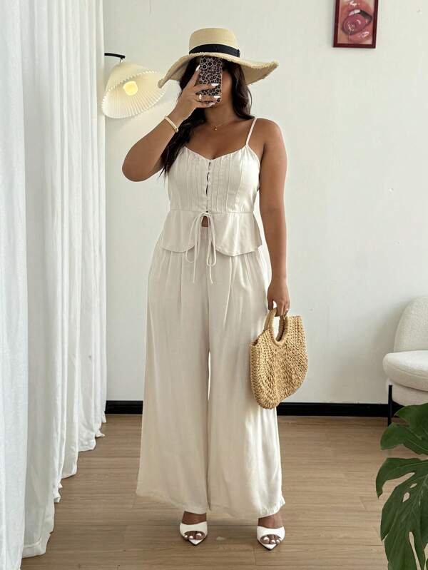 SHEIN Clasi 2pcs Casual Minimalist Summer Linen Women Camisole Top And Pants Set