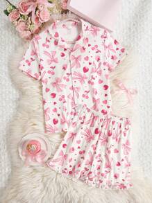 2pcs Girls Set Minimalist Fashion Elegant Sweet Bow Cute Cherry Strawberry Print All Over Pattern Polo Collar Shirt And Shorts Casual Homewear Suit For Tween Girls