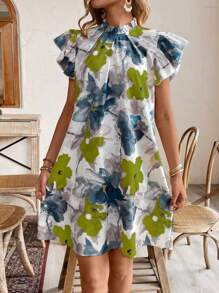 Breezaya Women Fashionable Floral Print Ruffled Sleeve Dress Vacation Beach Outfit - Multicolor - View 1