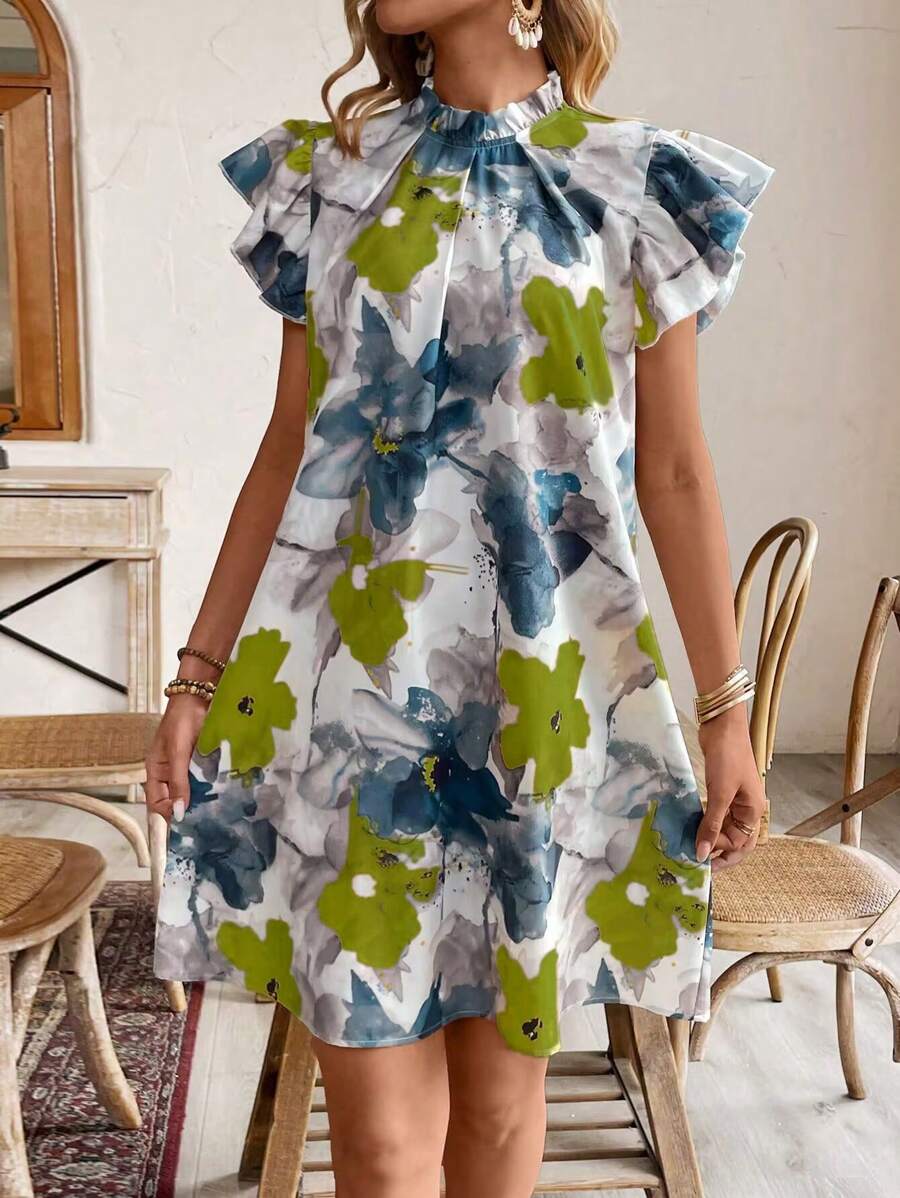 Breezaya Women Fashionable Floral Print Ruffled Sleeve Dress Vacation Beach Outfit - Multicolor - View 1