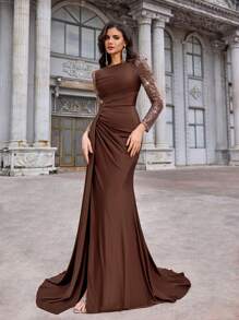 Aureia Spring And Summer Elegant Romantic Gorgeous Coffee Color Luxury Sequins Embroidery Stitching Elastic Knitted Material Round Neck Gathered See-Through Long Sleeves High Slit Slim Fishtail Hem Dress, Suitable For Single Party Date Dance Birthday Holiday Wedding Event Music Festival Dinner Dress, Wedding Guest Dress, Formal Dress, Evening Dress, Gown, For Valentine's Day - Coffee Brown - View 6