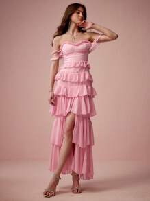 Enchnt Damen Kleid mit Schulterausschnitt, einfarbig, Rüschensaum, hoher Schlitz - Pink - Übersicht 6