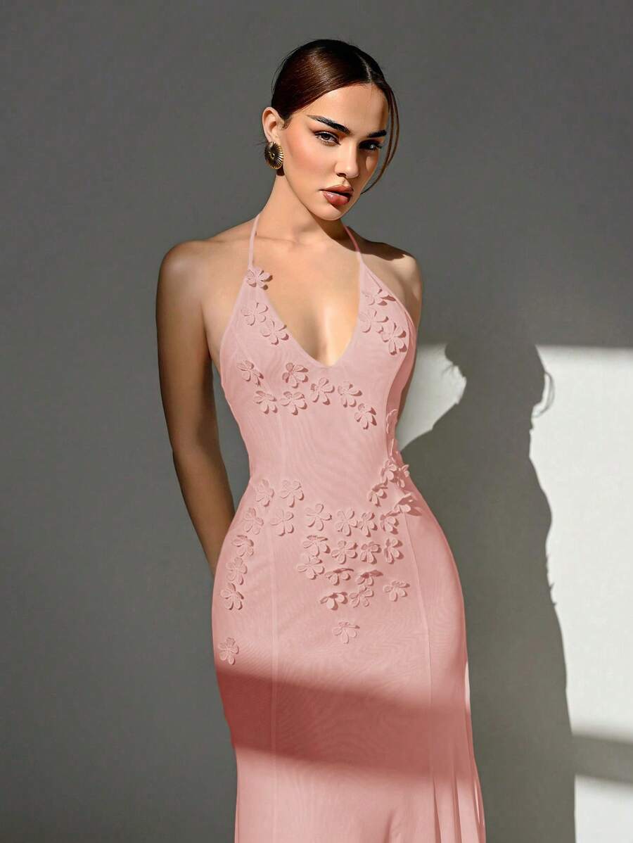 Aloruh Váy dài xẻ cao cổ chữ V sâu thắt nơ hoa thủ công, váy cưới lưới trắng - Màu Hồng baby - Xem 1