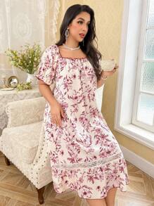CottageSlumber Plus Size Floral Print Ruffled Collar Short Sleeve Lace Patchwork Ruffle Hem Nightgown Babydoll PerfectSummer - Multicolor - View 3