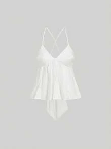 SHEIN MOD 白色蝴蝶结吊带背心，可爱上衣，春夏上衣，适合乡村度假、海滩旅行、波西米亚风格 - 白色 - 查看 2