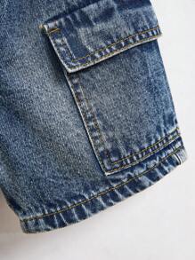 SHEIN 2025 Young Boy Casual Streetwear Decor Elastic Drawstring Waist Water-Washed Denim Cargo Shorts, Comfortable Essential Item, School, Campus, College - Dark Wash - View 5