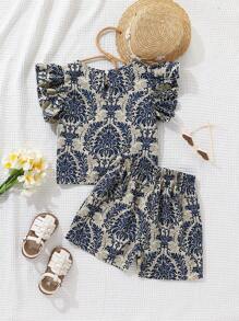 2pcs/Set Tween Girls Green Floral Print Ruffle Trim Top And Shorts Set