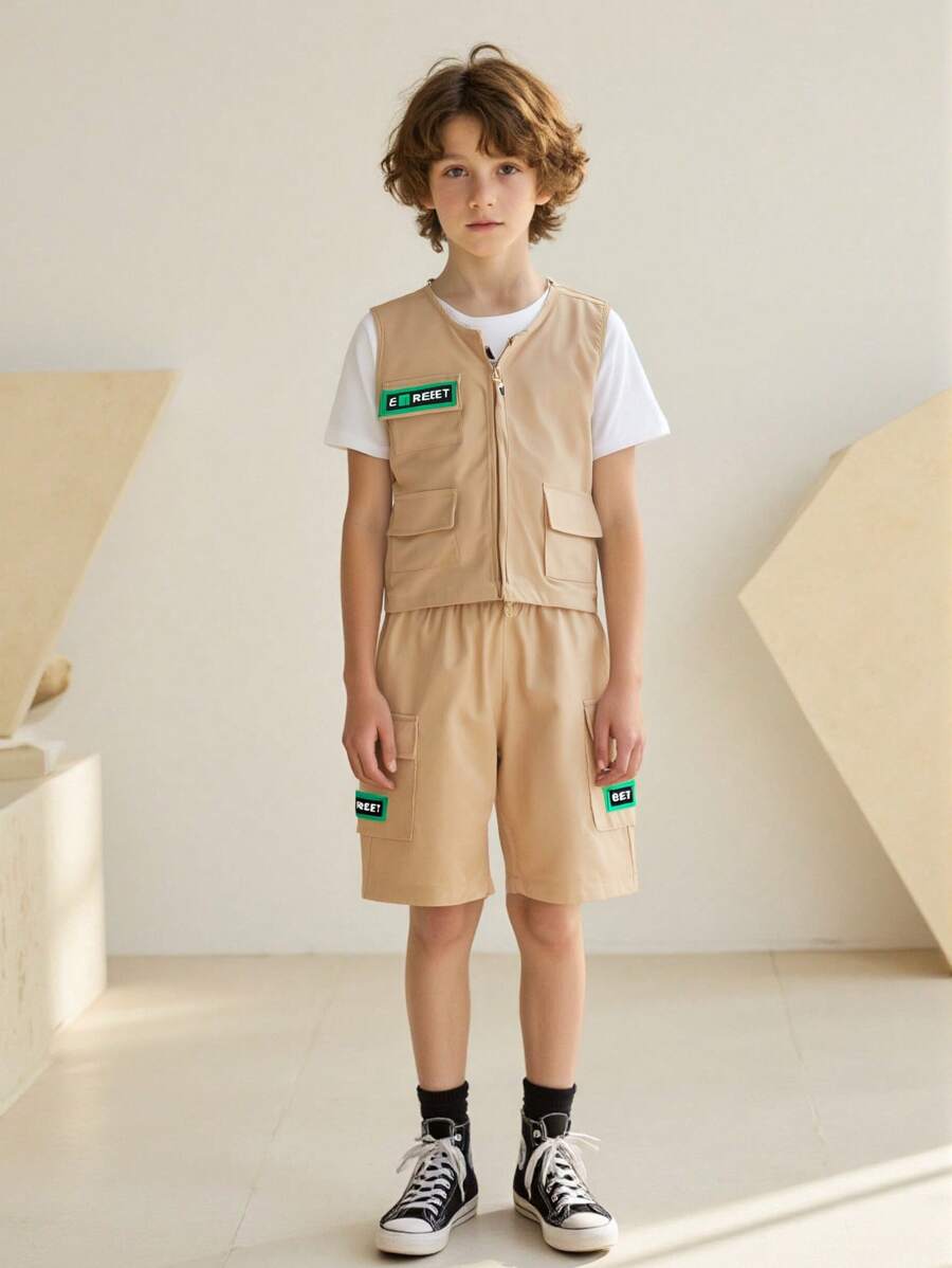 SHEIN 少年男孩字母拼接口袋背心＆短褲＆帽子 - 卡其色 - 查看 1