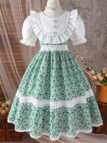 1pc Ruffle Trim Short Sleeve Blouse Patchwork Ditsy Floral Crochet Lace Bohemian Dress For Tween Girls - Green - View 1
