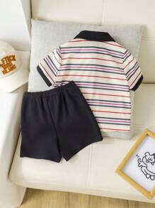 SHEIN مجموعة ملابس علوية كاجوال فضفاض مضفر وشورت مزين بشريط مخطط ملائمة لحديث الولادة ذكر/أنثى ، مناسبة للربيع/الصيف ، ارتداء المنزل ، الخروجات ، الحفلات - الأزرق - مشاهدة 2