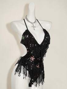SHEIN ICON Y2K 90s Clothes Music  Festival Rave Deep V-Neck Pentagram Tassel Decor Backless Cross Strap Bodysuit