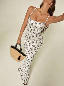 SHEIN Tall Women's Plunging Collar Large Backless Holiday Printed Knitted Long Dress - Beige - View 4