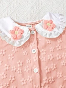 SHEIN 斋月 2 件套年轻女孩 Polo 领针织提花上衣和蓝色洗水牛仔裤套装 - 粉色 - 查看 4