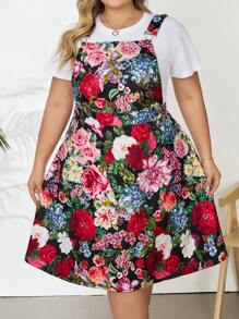 SHEIN CURVE+ Plus Size Retro Floral Suspender Dress (Shoulder Straps Adjustable) With Elegant Floral Pattern, Inner T-Shirt Not Included - Multicolor - View 8