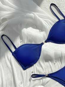 SHEIN Swim Women's Sexy Pearl Decor Drawstring Beach Bikini Set, Suitable For Vacation For Summer - Navy Blue - View 4