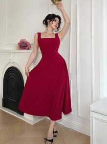 DAZY Sleeveless Square Neckline Solid Color Long Dress For Women Red Women Dresses,New Year - Burgundy - View 10