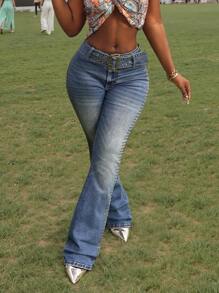 Slaydiva Women's Flared Casual Denim Jeans With Eyelet & Buckle Waistband Design - Blue - View 2