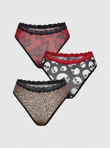 ROMWE Goth 3件套哥特风格骷髅、豹纹、蝴蝶网眼拼布蕾丝丁字裤 - 彩色 - 查看 2