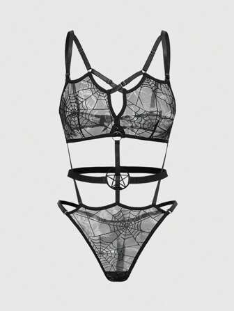 Goth Gothic Spider Web Flocked Fabric Triangle Cup Sexy Bodysuits