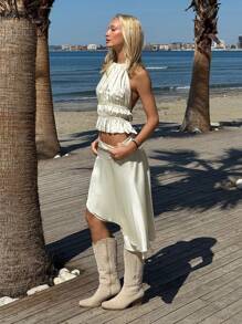 SHEIN EZwear 2 pièces Ensemble top licou élégant dos nu et jupe asymétrique pour femmes - Nude - Voir 3