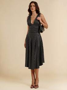 SHEIN BAE 女士针织休闲度假 V 领无袖褶皱 A 字型波点印花连衣裙，夏季/复活节女士连衣裙/舞会礼服/女士夏季服装/女士连衣裙/毕业礼服/婚礼宾客礼服女士夏季连衣裙/复活节 - 黑色 - 查看 1