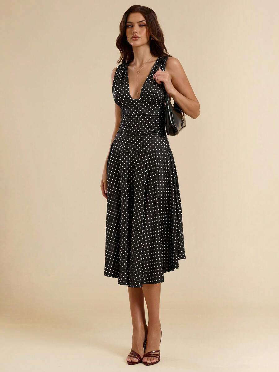 SHEIN BAE 女士针织休闲度假 V 领无袖褶皱 A 字型波点印花连衣裙，夏季/复活节女士连衣裙/舞会礼服/女士夏季服装/女士连衣裙/毕业礼服/婚礼宾客礼服女士夏季连衣裙/复活节 - 黑色 - 查看 1