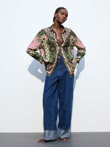 Maija Women's Green And Pink Contrast Color Casual Vacation Blouse, Minimalist Floral Print Pattern Long Sleeve Loose Shirt, Romantic And Fashionable, Versatile, Suitable For Vacation, Comfortable Bohemian Style Beach,Women Easter Summer Easter Women Party Top Beach Summer Holiday Beach Vacation Summer Going Out Graduation Casual Blouse Elegant Women's Blouses Casual Blouse For Women Formal Attire For Women Office Wear Women Business - Green - View 7