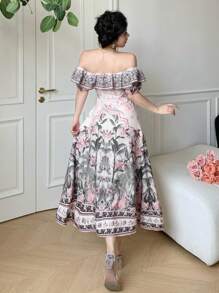 DAZY Women's Summer Off-Shoulder Bohemian Ditsy Floral Mid-Length Sleeve Midi Dress - White - View 5