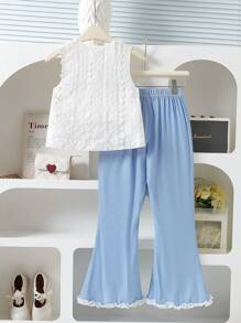 Tween Girl 2pcs/Set Fashionable Flared Pants With Lace And Pearl Decor, Light Blue - White - View 2